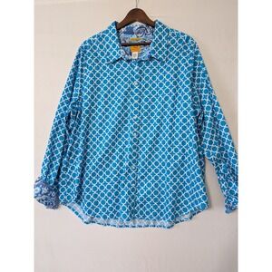 Ruby Rd. Woman 20W Blue White Geometric Button Up Shirt Office Wrinkle-resistant
